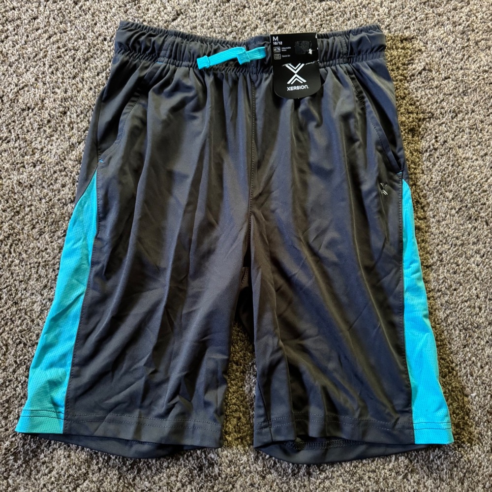 Xersion Boys Gray Teal Athletic Quick-Dri Mesh Shorts Medium 10/12 NWT